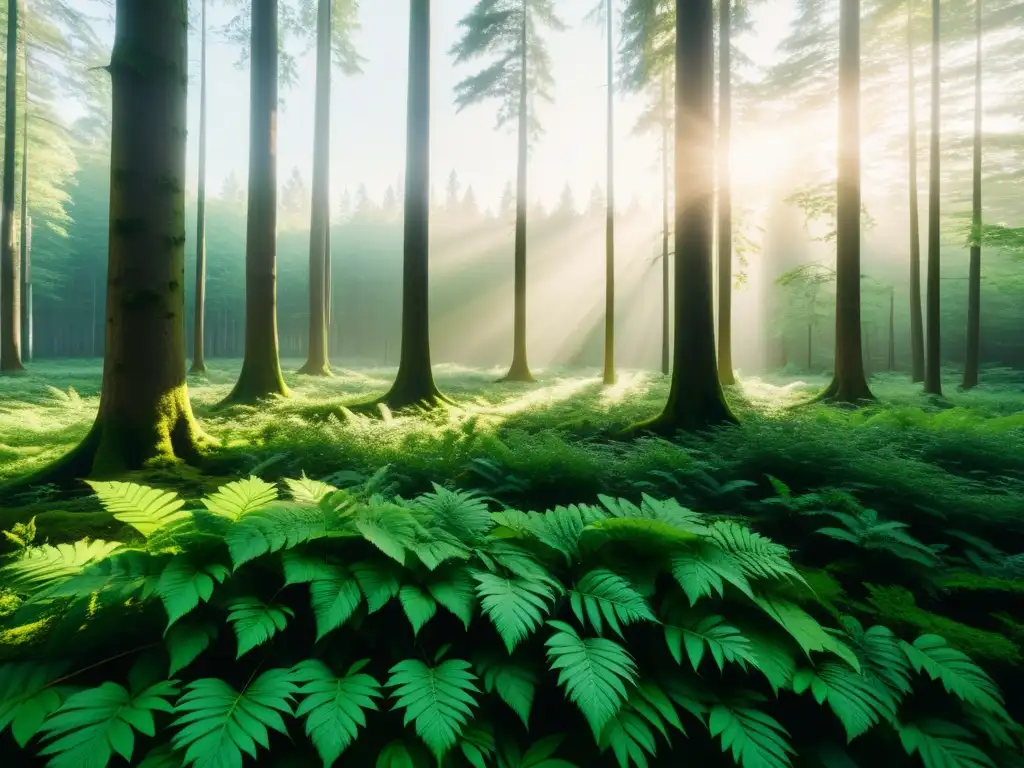 Imagen 8k: Bosque sereno y detallado Un paisaje sereno y tranquilo en un bosque verde exuberante
