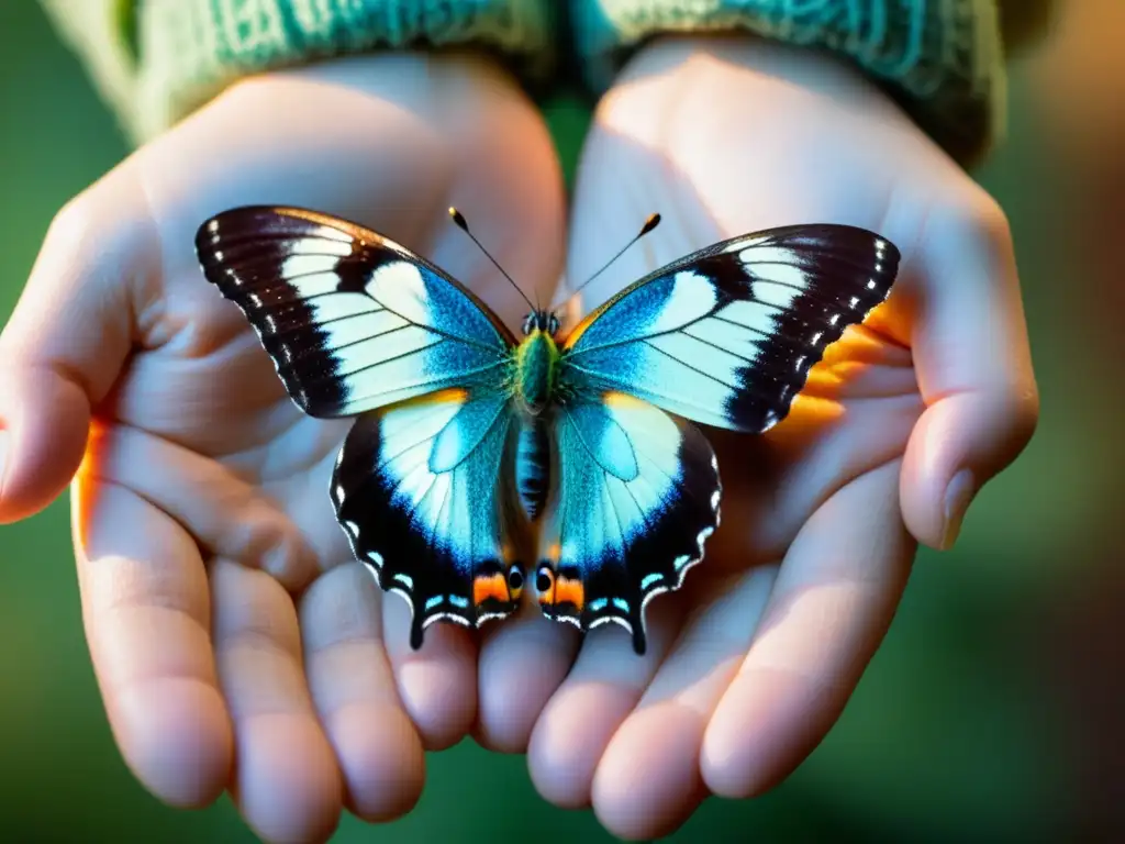 Manos acariciando una mariposa, detalle impresionante Un par de manos suaves sostienen con cuidado una mariposa detallada en una cálida luz