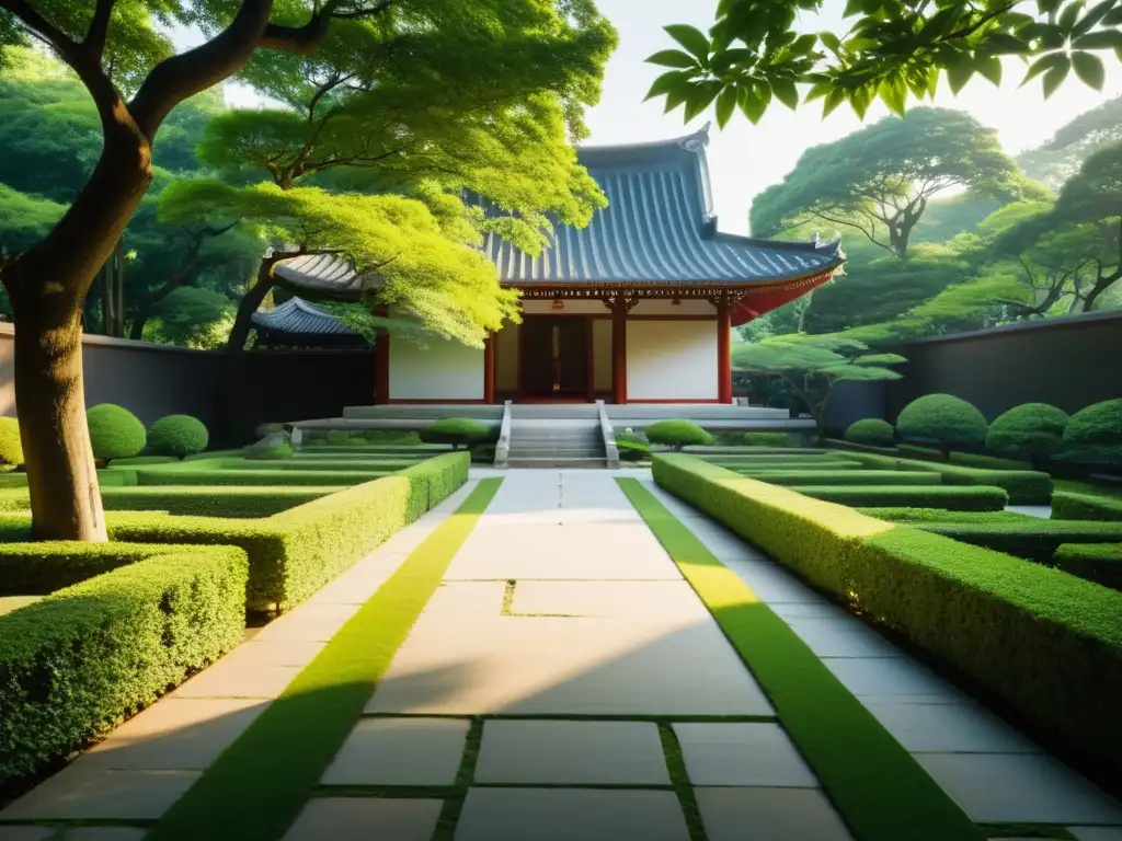 Un patio tranquilo de un templo en armonía con la naturaleza, invitando a la reflexión sobre el significado en seguidores de secta