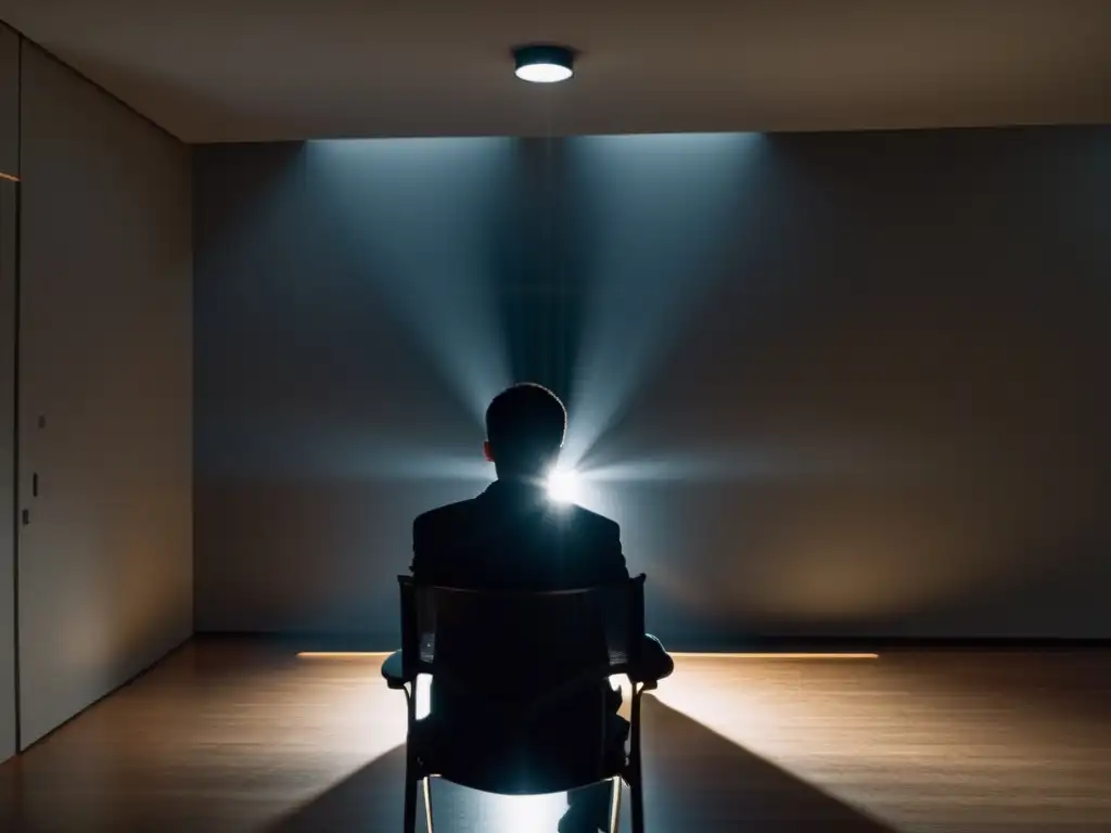 Figura vulnerable en spotlight, rodeada de sombras En la penumbra, una figura vulnerable bajo un foco, rodeada de sombras ominosas