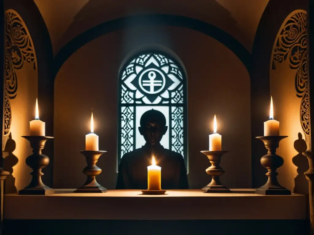 Secreto oscuro: Imagen en alta resolución de culto prohibido En la penumbra, figuras rodean un símbolo religioso prohibido, creando una atmósfera tensa de cultos prohibidos Inquisición
