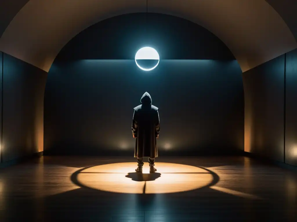 Misteriosa figura con orbe luminoso rodeada de sombras Figura en penumbra sostiene un orbe, rodeado de siluetas misteriosas