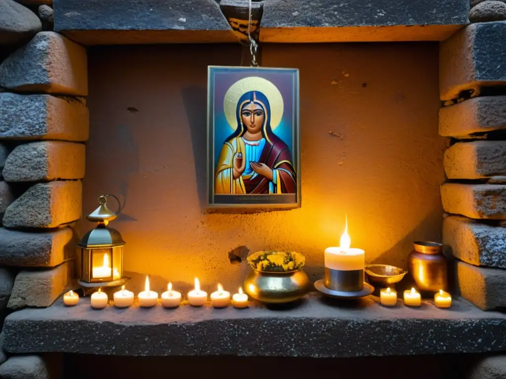 Santuario en ruinas: luz, sombras y devoción en México Pequeño santuario en un pueblo remoto de México, con velas, figuras religiosas y ofrendas