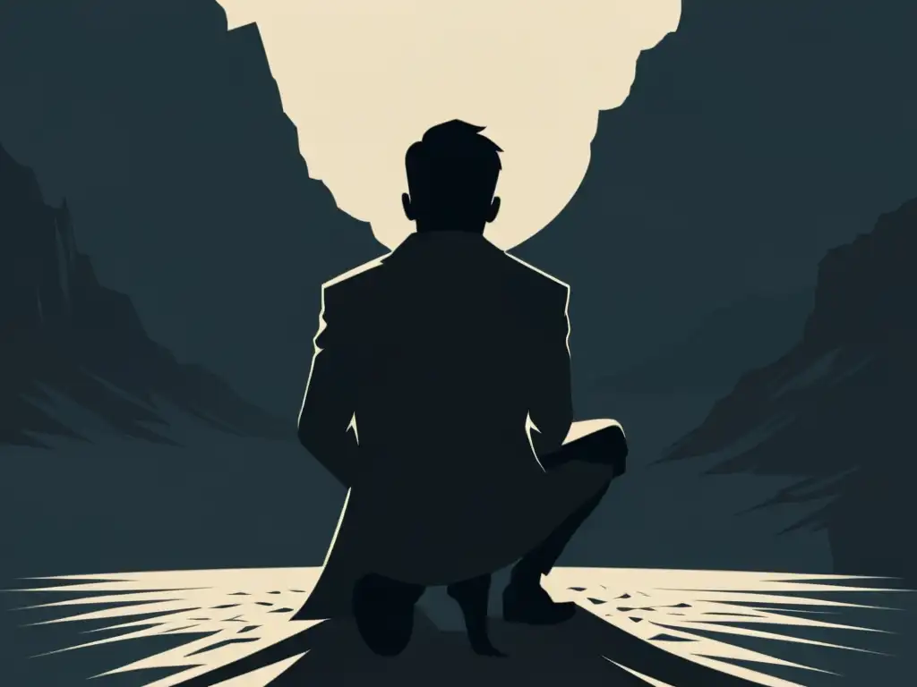 Sumisión ante la figura ominosa: ilustración en blanco y negro Persona arrodillada frente a una figura imponente en ilustración en blanco y negro que representa la psicología del extremismo religioso