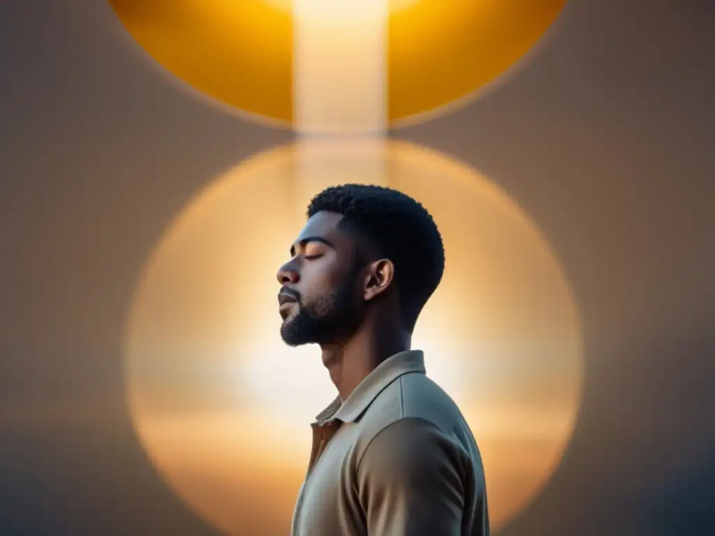 Fortaleza interior: la luz dorada de la esperanza y superación Persona recuperando autonomía personal, rodeada de cálida luz dorada, transmitiendo esperanza y fortaleza ante la adversidad