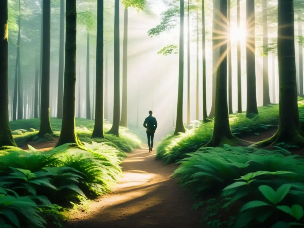 Persona caminando con determinación en el bosque, simbolizando el desafío laboral en cultos con fuerza y tranquilidad