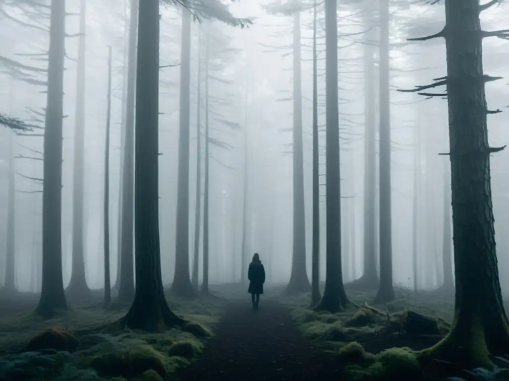 Figura solitaria en el bosque, luz etérea Enigmática ilustración de una persona en un bosque neblinoso