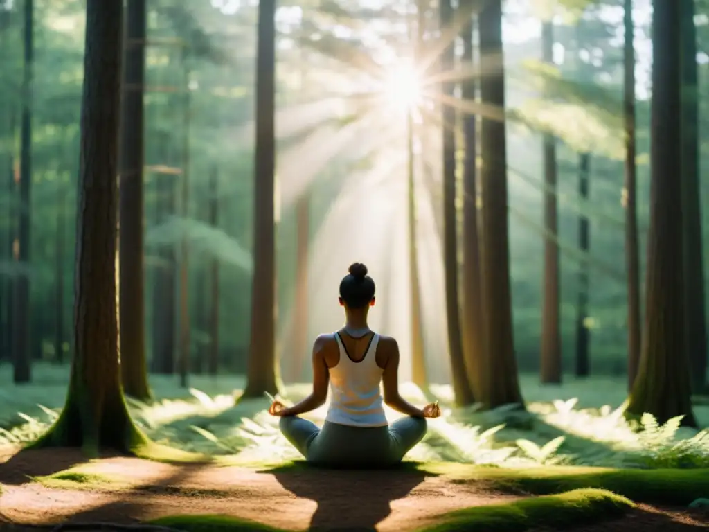 Persona meditando en un bosque tranquilo, irradiando calma