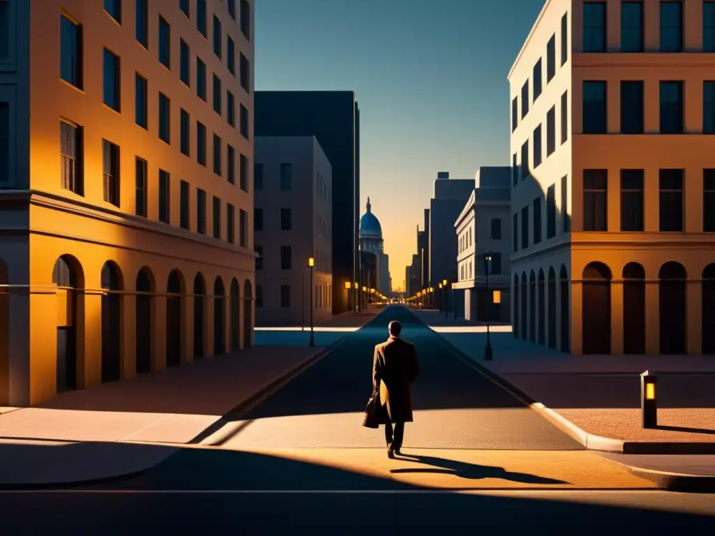 Figura solitaria en la calle oscura: paranoia y tensión Persona caminando en una calle oscura con edificios imponentes, evocando paranoia en comunidades sectas