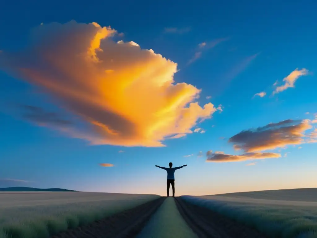 Una persona en un campo abierto extiende los brazos hacia el cielo al atardecer