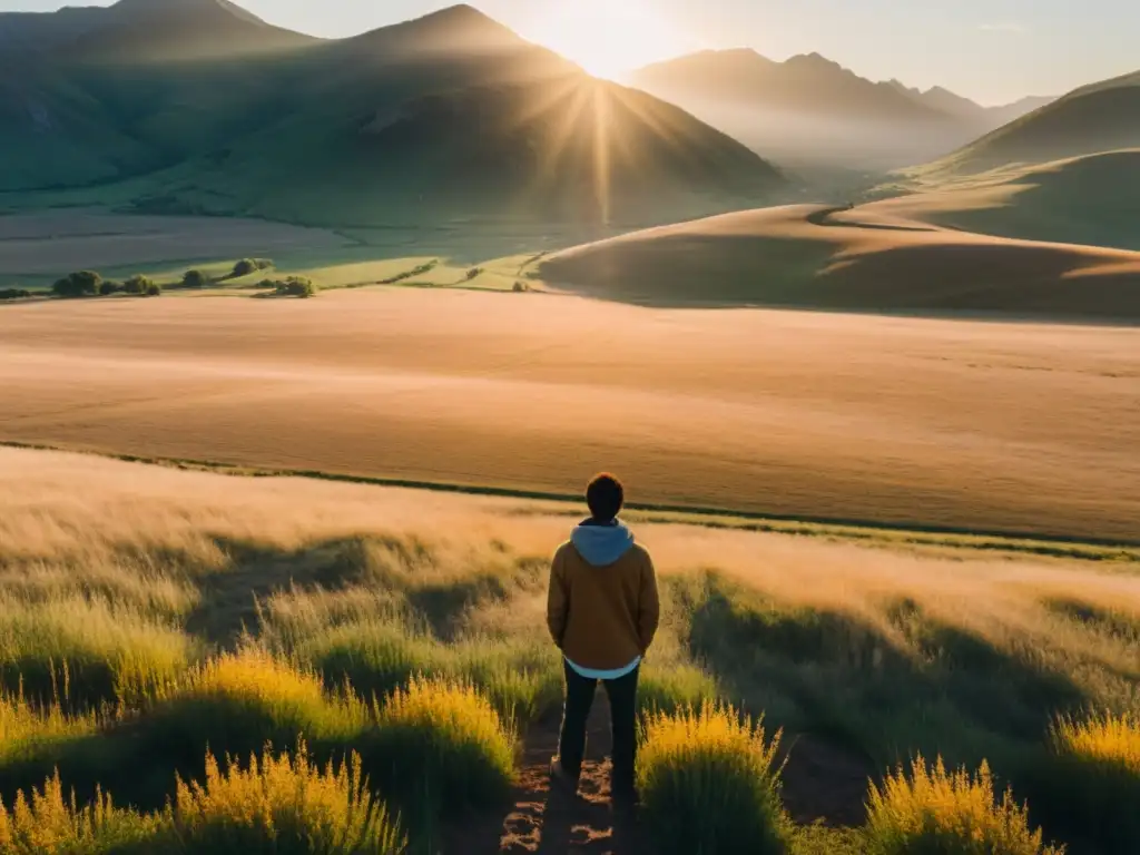 Renacimiento en la naturaleza: superando un culto Persona en campo abierto, mirando al cielo con fortaleza