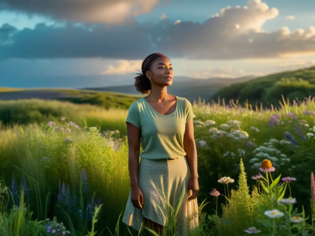 Paz en la naturaleza: persona en campo de flores Persona en campo de hierbas altas y flores silvestres, bajo la luz del sol entre nubes