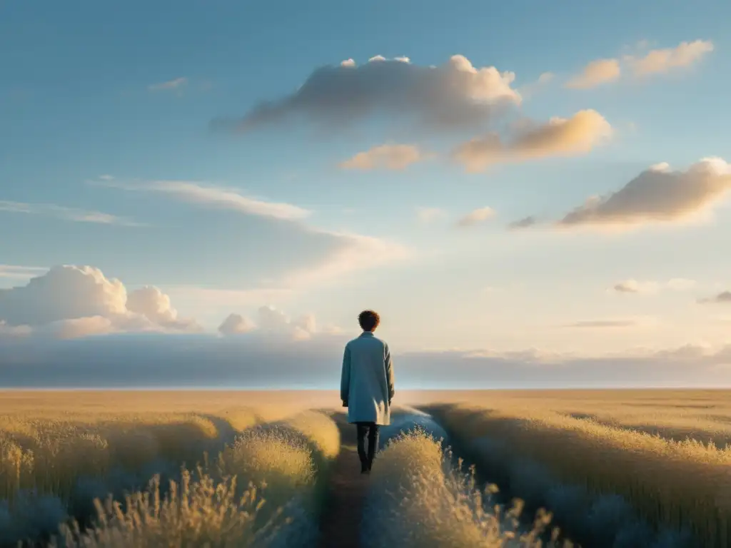 Persona en campo soleado, mirando al horizonte