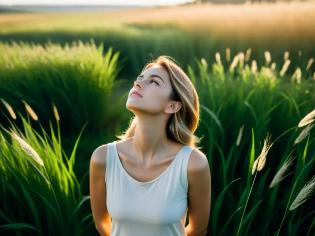 Una persona en un campo soleado, rodeada de hierba alta, mirando al cielo con expresión contemplativa