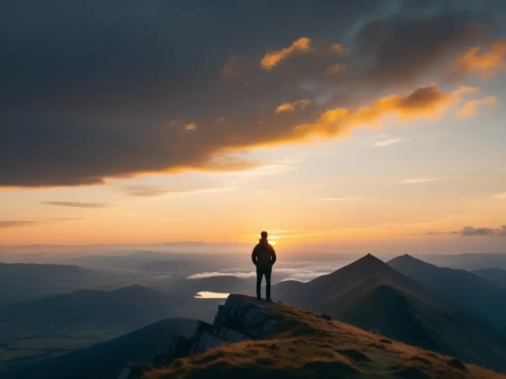 Fortaleza interior: Serenidad en la cima tras dejar secta Persona en cima de montaña, contemplando paisaje sereno al amanecer