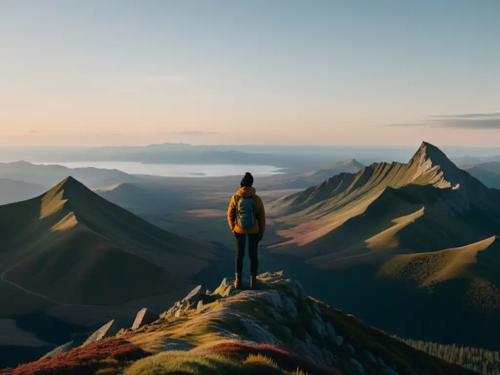 Persona en la cima de la montaña, mirando el vasto paisaje con determinación y empoderamiento