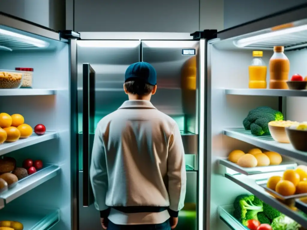 Una persona mira con conflicto la limitada selección de alimentos en un refrigerador, resaltando las restricciones alimenticias en cultos