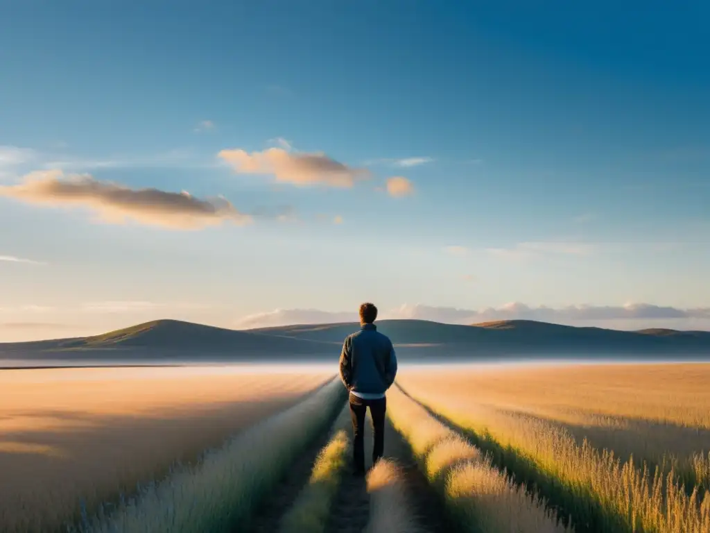 Una persona contemplativa en un campo vasto, bañado por cálida luz dorada