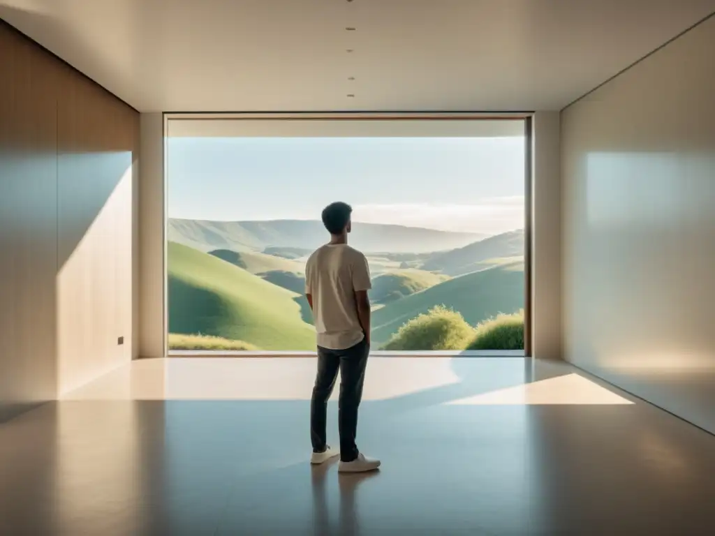 Persona contemplativa mirando a paisaje sereno a través de ventana en habitación luminosa