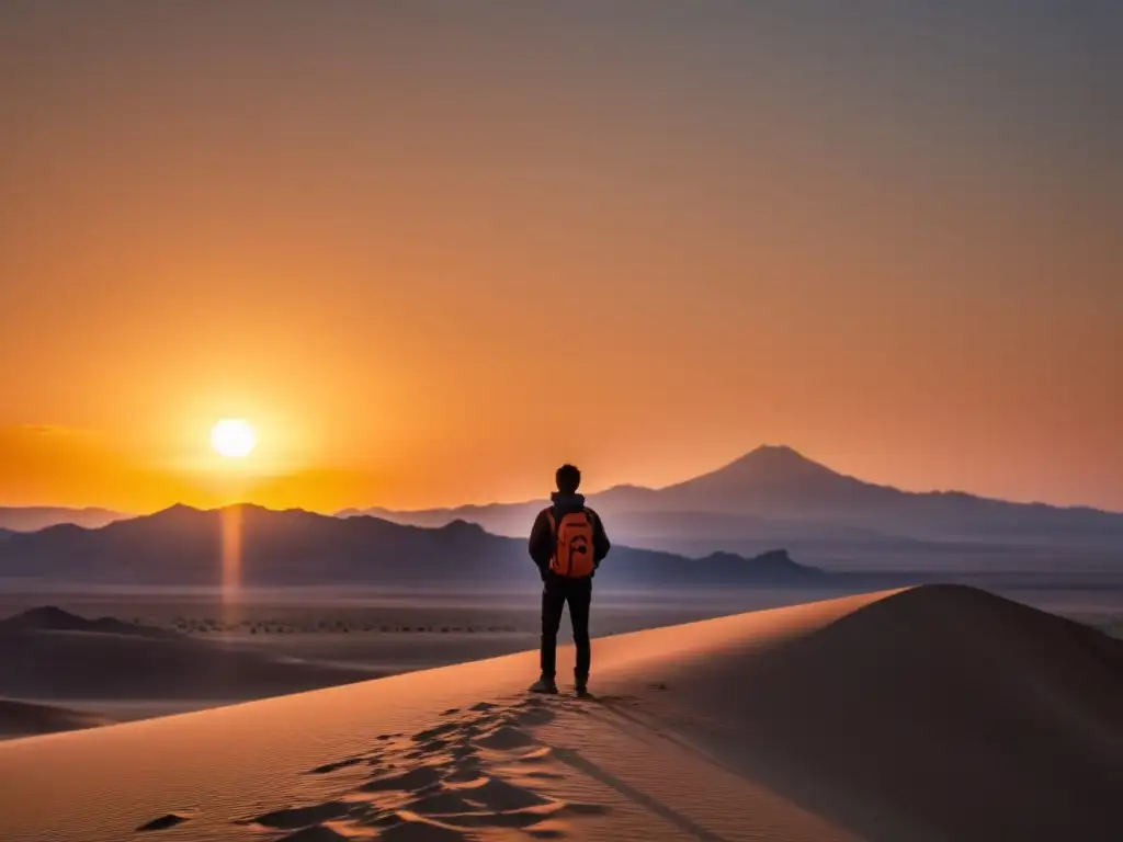 Una persona contemplativa enfrentando la pérdida de identidad sectaria en un vasto desierto al atardecer