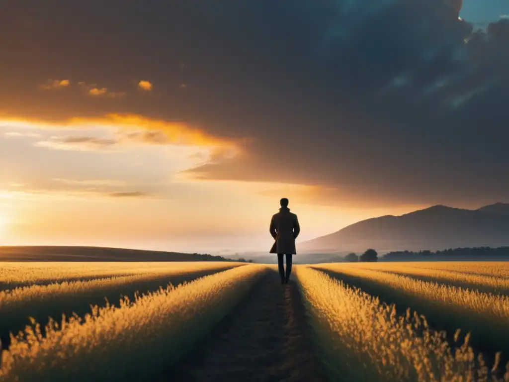 Una persona contemplativa de pie en un campo vasto, mirando al horizonte bañado en luz dorada