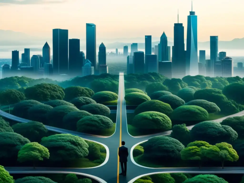 Persona en cruce de caminos entre ciudad y bosque, simbolizando desafío laboral en cultos