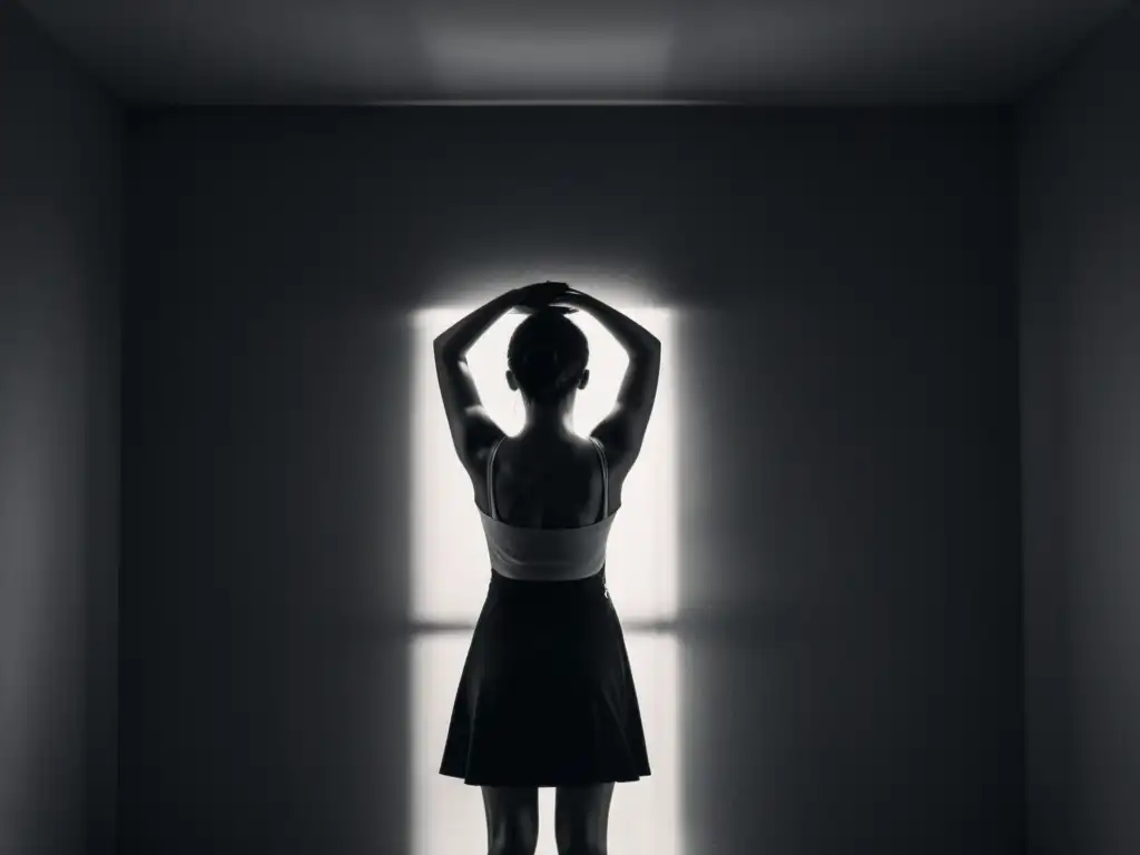 Rendición en la oscuridad: retrato de vulnerabilidad Persona en cuarto oscuro con brazos alzados, evocando vulnerabilidad
