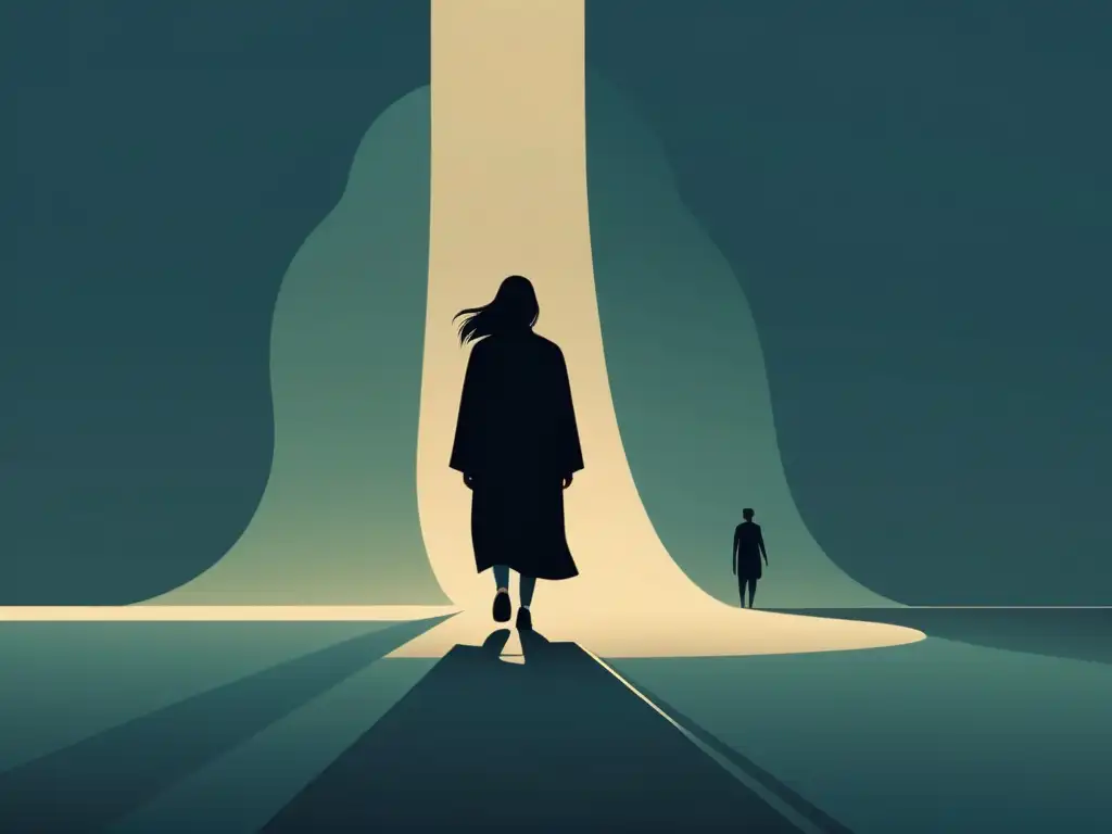 Superando la sombra: ilustración de liberación y determinación Persona decidida camina lejos de figura sectaria amenazante hacia la libertad