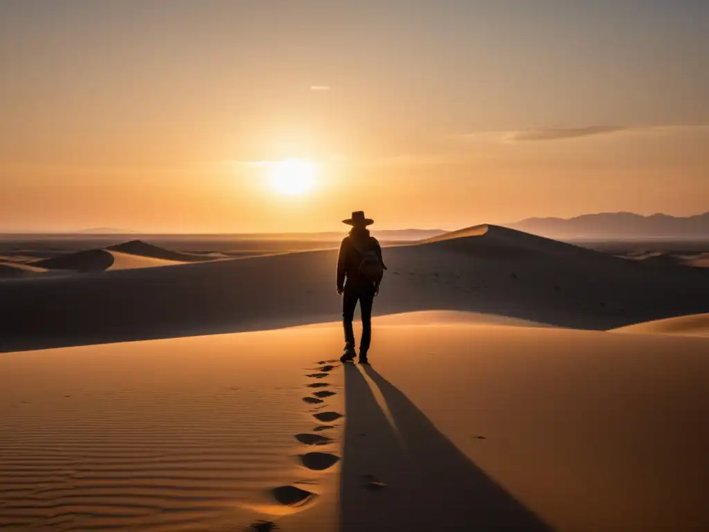 Silueta en el desierto al atardecer: reflexión y soledad Persona en desierto, reflexión y reinvención del yo en cultos