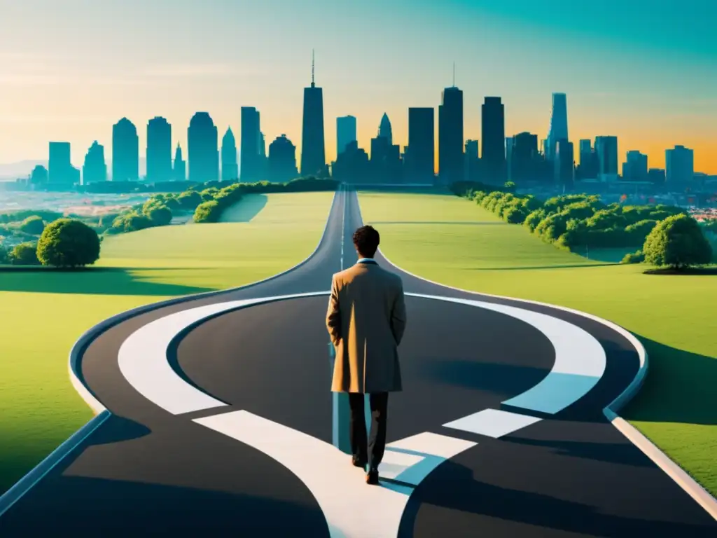 Persona en encrucijada, entre ciudad bulliciosa y paisaje sereno, representa desafío laboral en cultos