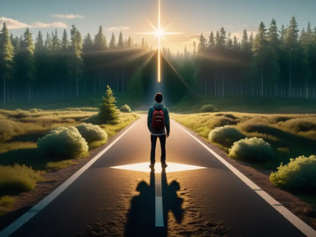 Persona en encrucijada, enfrentando desafíos cognitivos al abandonar sectas, con un camino hacia un paisaje brillante y otro hacia un oscuro bosque