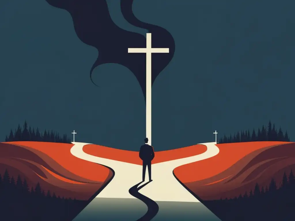 La encrucijada del extremismo religioso: decisión crucial Persona en encrucijada, reflexionando entre un paisaje brillante y un bosque oscuro, simbolizando la psicología del extremismo religioso