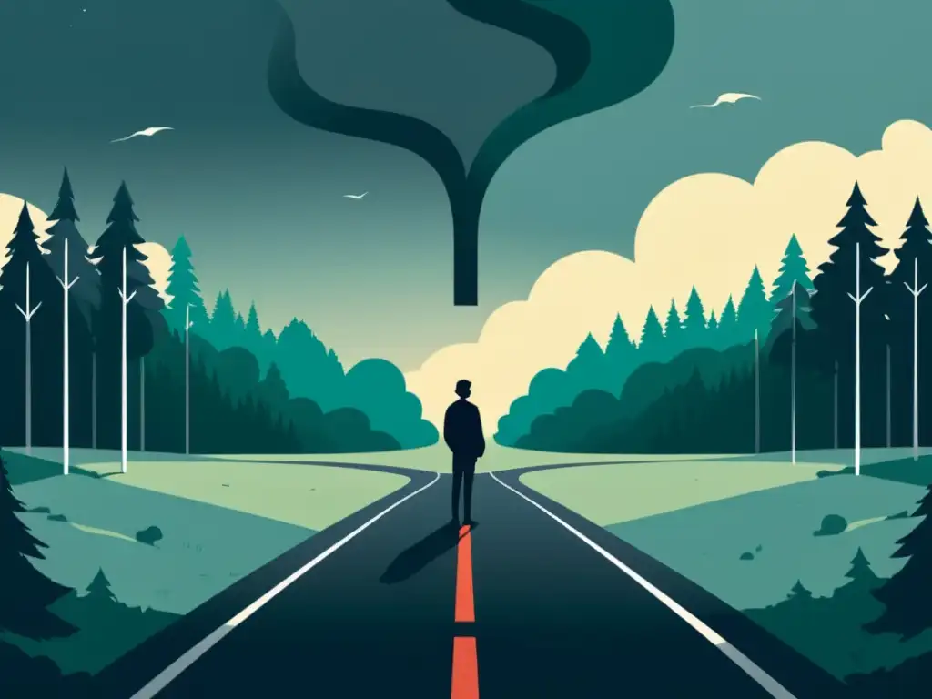Persona en encrucijada entre paisaje brillante y bosque oscuro, reflejando la lucha interna