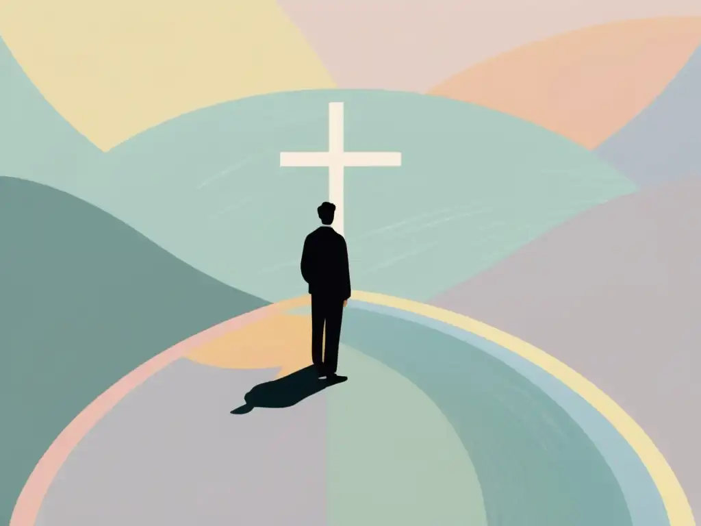 Persona en encrucijada reflexiona sobre afrontar pérdida identidad sectaria en ilustración serena de tonos pastel