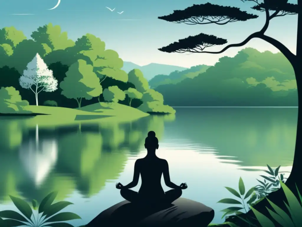 Persona meditando en un entorno natural sereno con árboles frondosos y un lago tranquilo, representando la calma interior