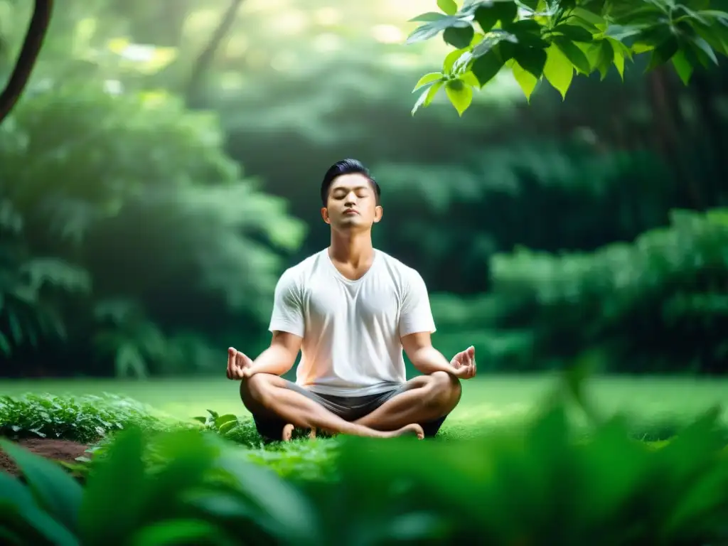 Una persona medita en un entorno natural y tranquilo, transmitiendo paz interior y transformación personal