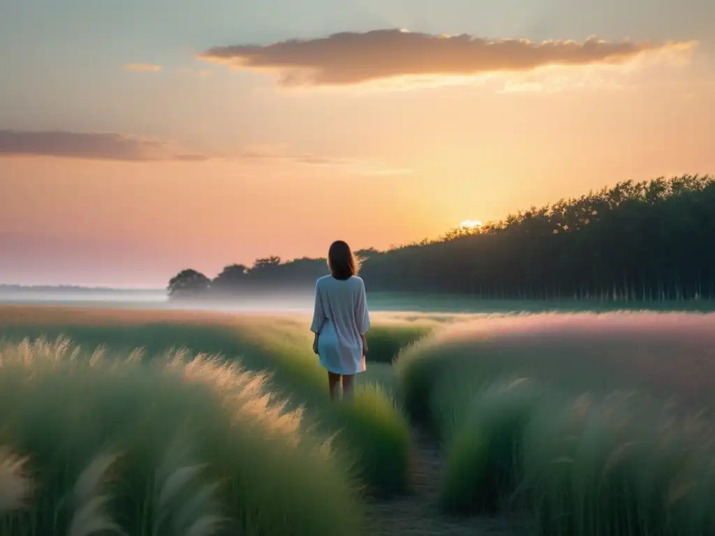 Persona de espaldas en campo solitario al atardecer