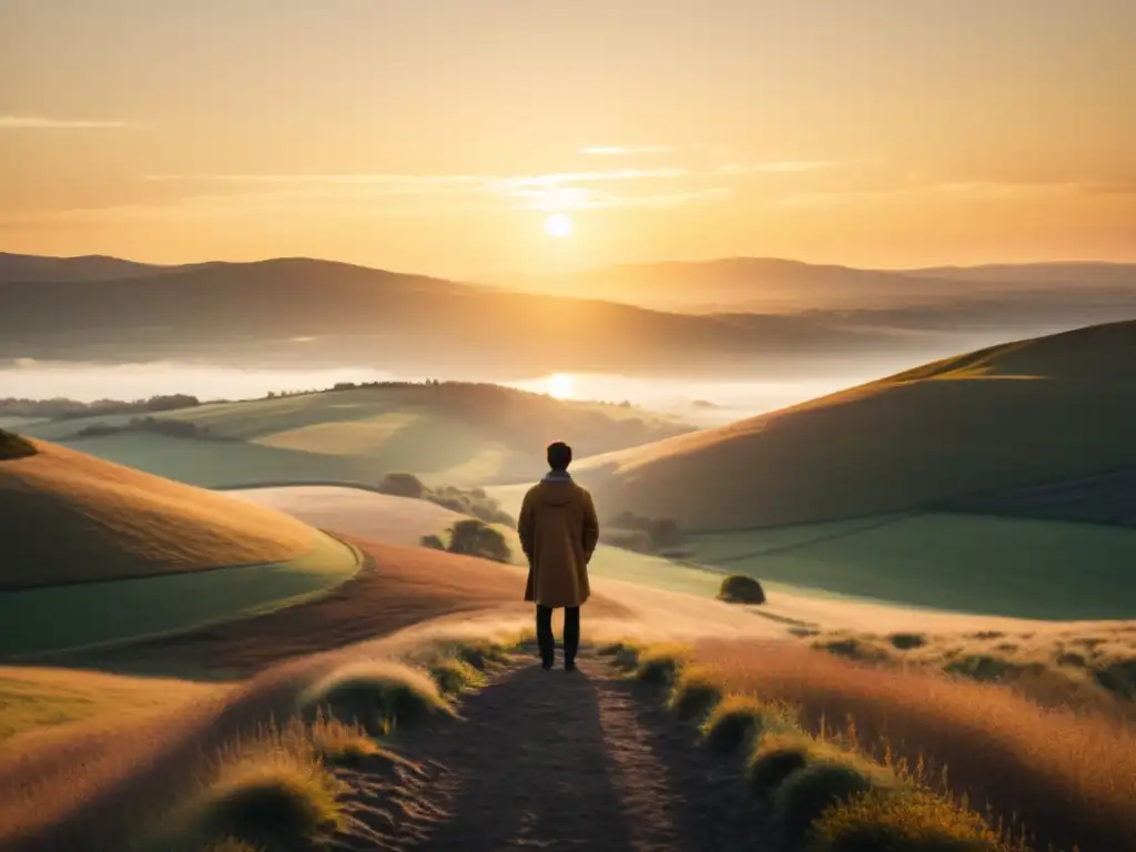 Persona de espaldas ante el horizonte brillante en paisaje natural, evocando transformación personal y renovación espiritual