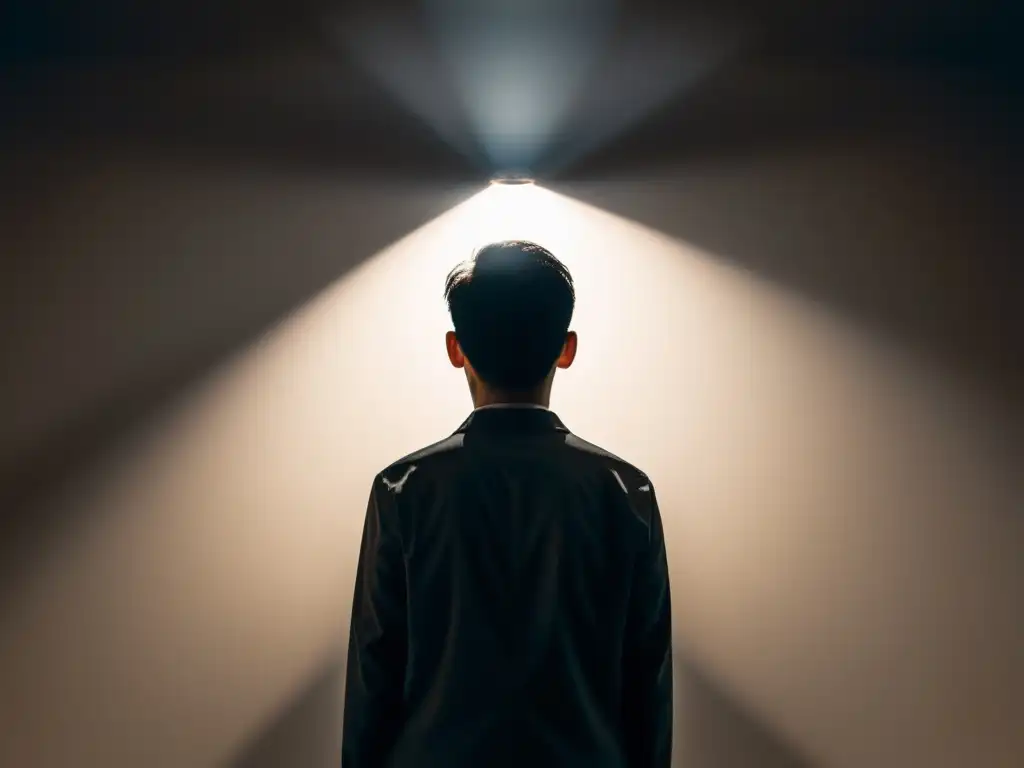 Confrontando el control mental: lucha en la oscuridad Una persona se destaca en un foco de luz, rodeada de figuras oscuras