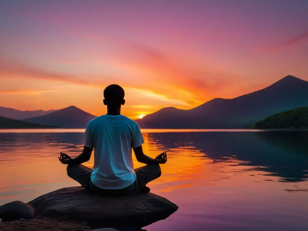 Persona en meditación frente a un atardecer vibrante sobre un lago, evocando serenidad y paz interior