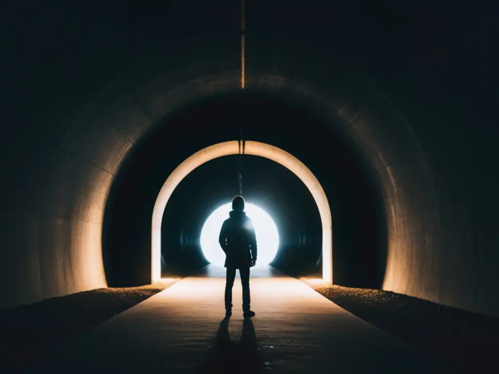 Decisión valiente de salir de una secta: luz al final del túnel Una persona frente a un túnel oscuro, con luz al final