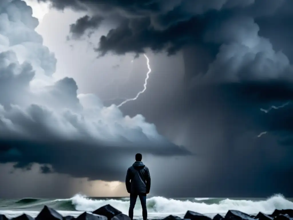 Fortaleza en la tormenta: perseverancia y determinación Una persona fuerte y decidida, de pie en medio de una tormenta, simbolizando resiliencia mental ante sectas