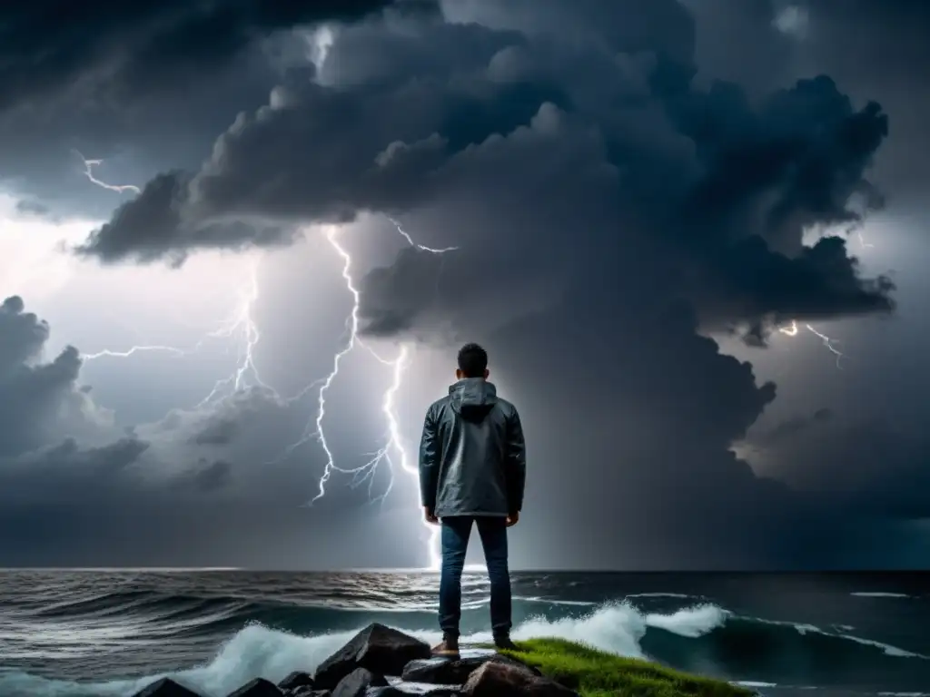 Resiliencia mental: enfrentando la manipulación en la tormenta Persona fuerte enfrentando la tormenta, simbolizando resiliencia mental ante sectas y desafíos