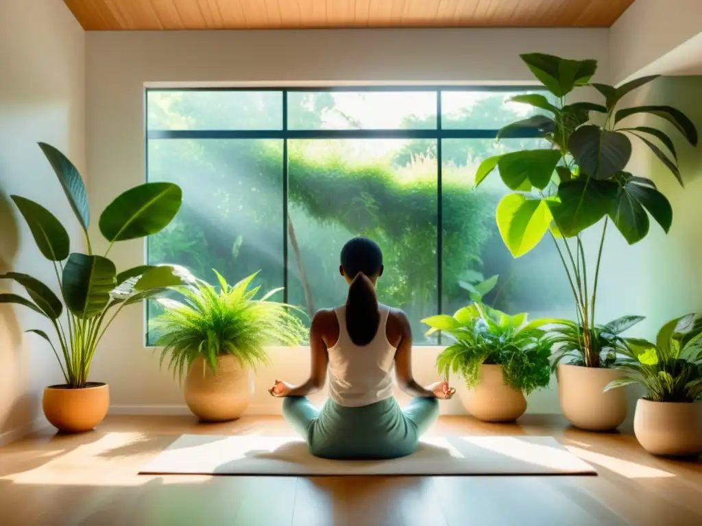 Persona meditando en una habitación soleada y pacífica, rodeada de plantas