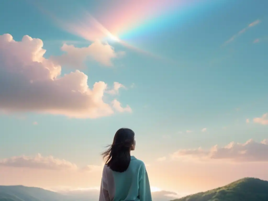 Renacimiento sereno: esperanza después de dejar un culto Una persona en un haz de luz mirando al cielo con esperanza, simbolizando rehacer vida tras culto oscuro