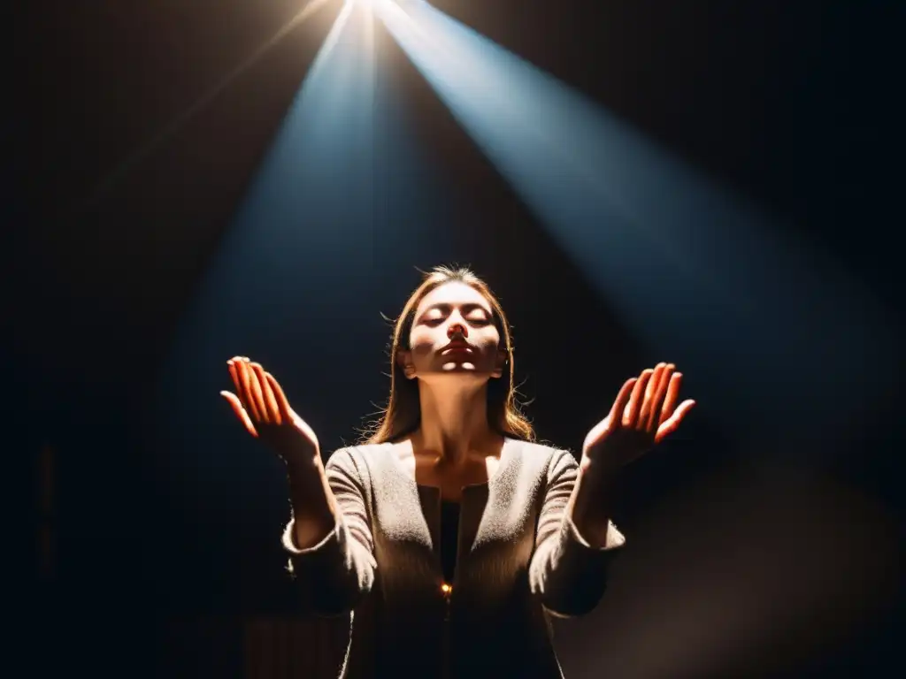 Persona en un haz de luz, rodeada de oscuridad, expresión serena, en busca de recuperación mental tras experiencia cultos