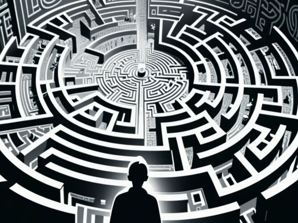 Persona en laberinto oscuro con símbolos intrincados, expresión vulnerable