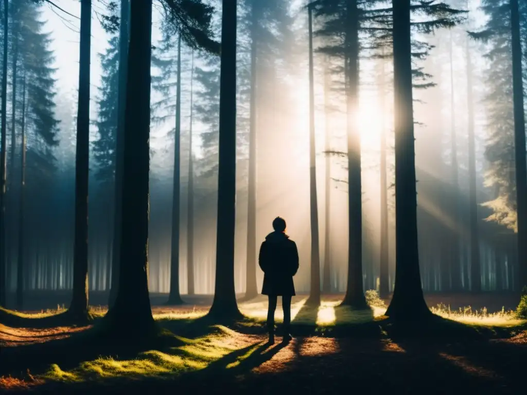 La luz al final: superación de una secta oscura Persona mirando hacia la luz en el borde del oscuro bosque, simbolizando la reconstrucción de la vida tras un culto oscuro