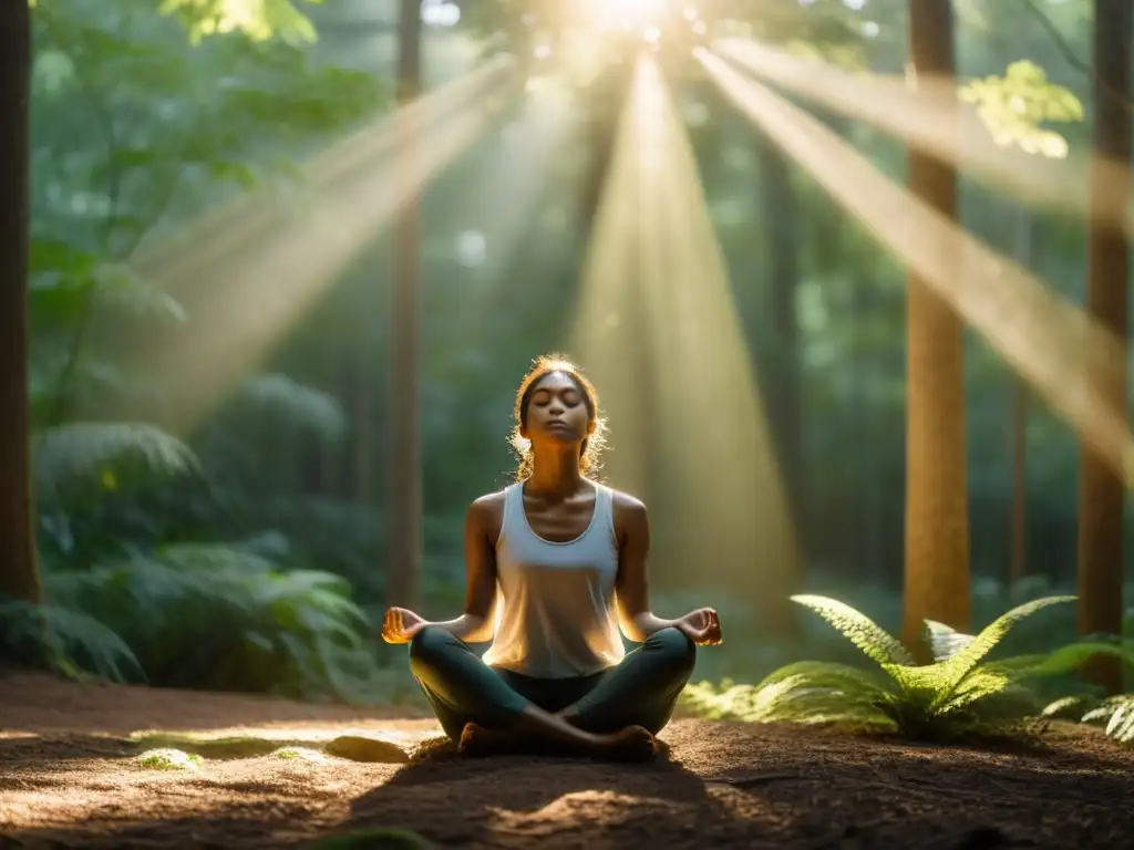 Meditación en el bosque: serenidad bajo el sol dorado Persona en meditación bajo luz dorada en el bosque, transmitiendo calma y sanación de exmiembros de sectas