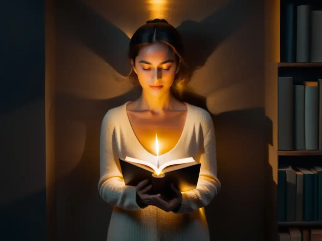 Sanación en la luz: Serenidad y fortaleza en la oscuridad Persona en luz dorada rodeada de libros sobre recuperación emocional tras vida secta, reflejando paz interior